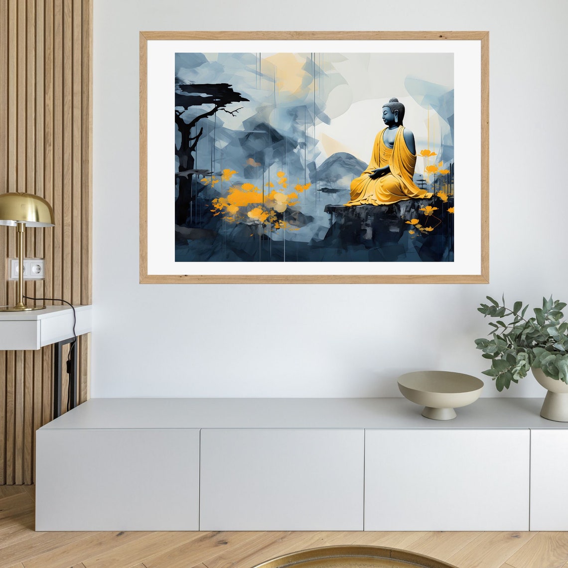 Buddha in a Golden Robe Against Midnight Blue Mountains Poster - Image 3