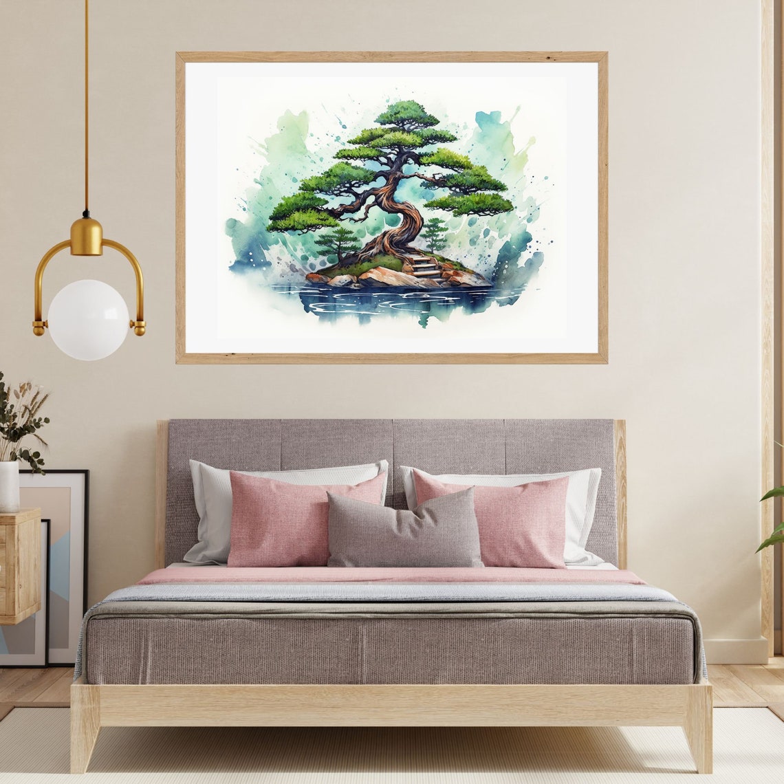 Watercolor Bonsai Tree on Rocky Island Teal Splashes Wall Art - Image 2