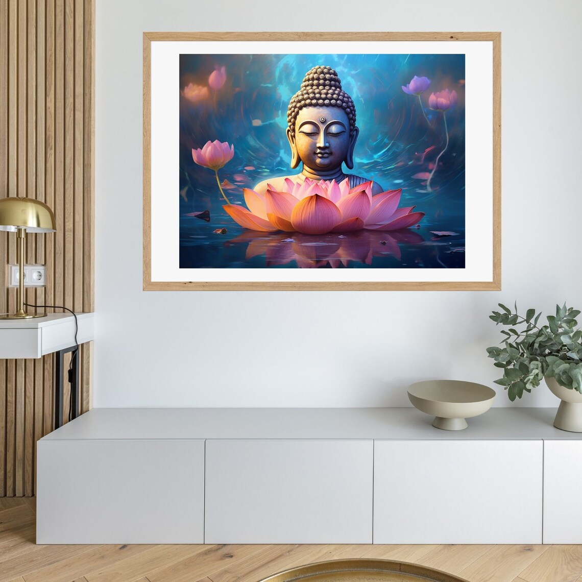 Buddha Head Behind Pink Lotus Blue Water Meditation Wall Art - Image 2