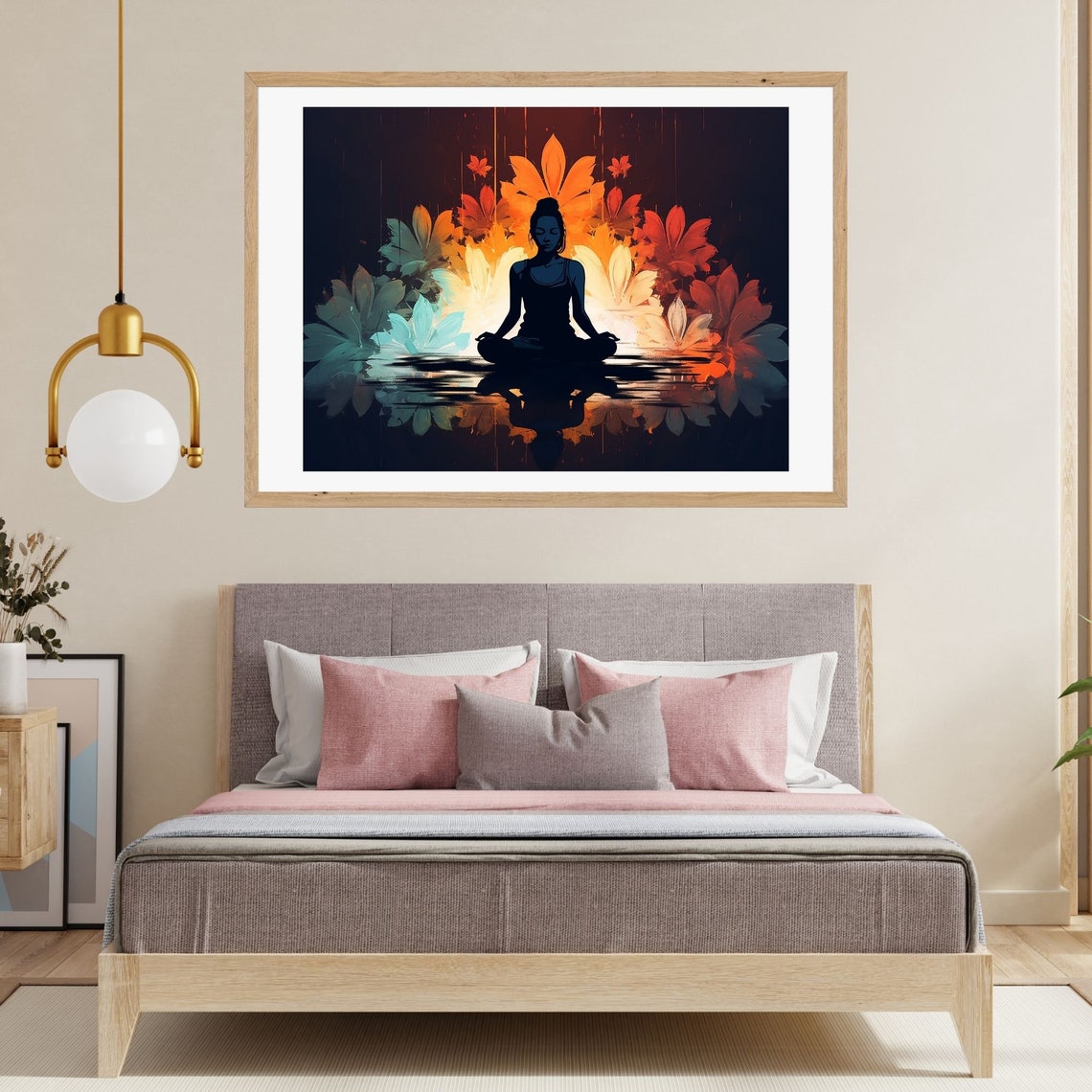 Meditating Woman Silhouette Over Water with Fire Flowers Poster - Image 2