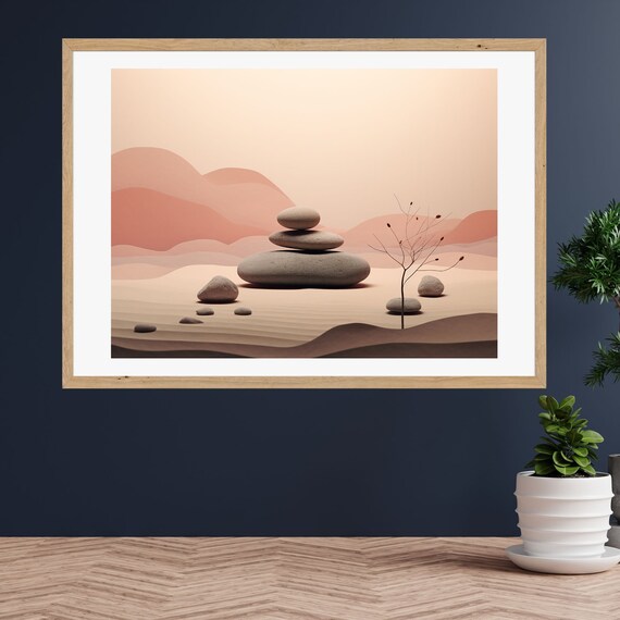 Zen Stone Cairn Balance Art in a Soft Peach Desert Scene Poster