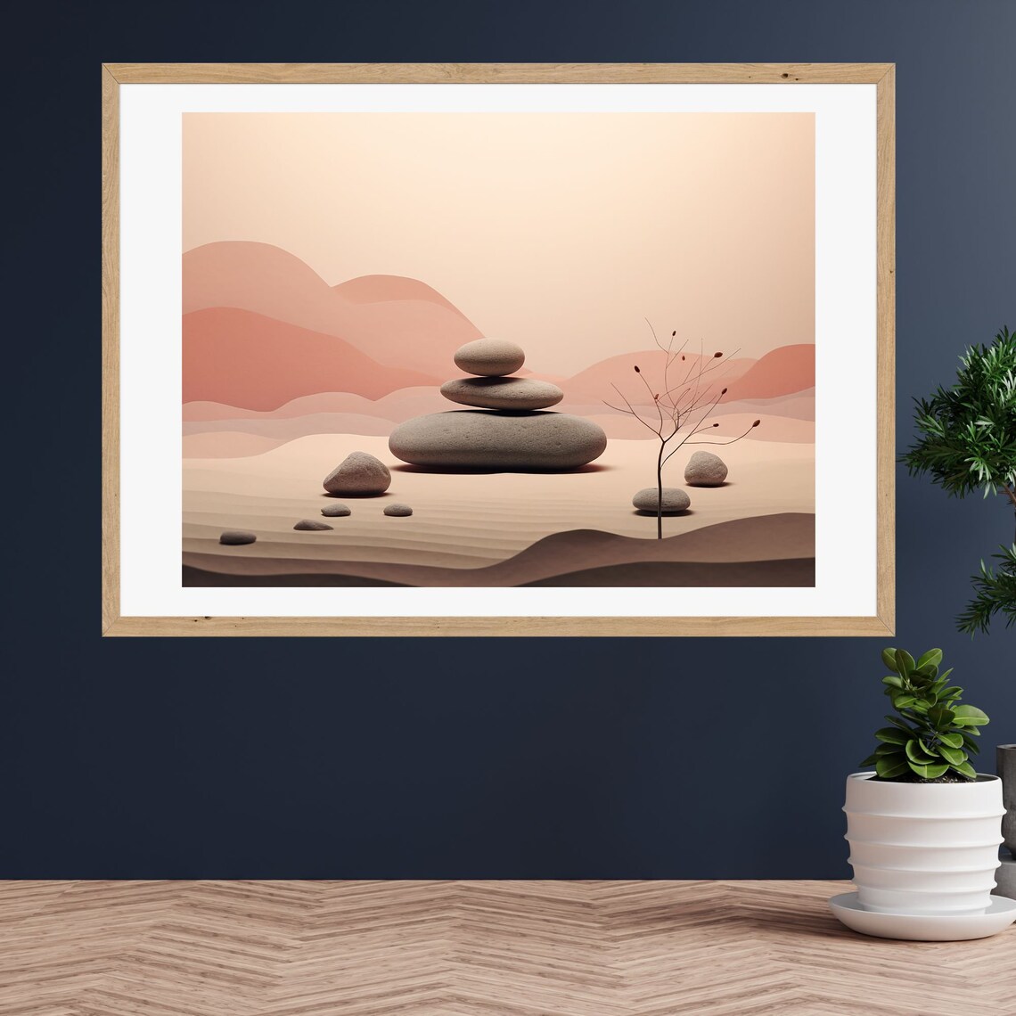 Zen Stone Cairn Balance Art in a Soft Peach Desert Scene Poster