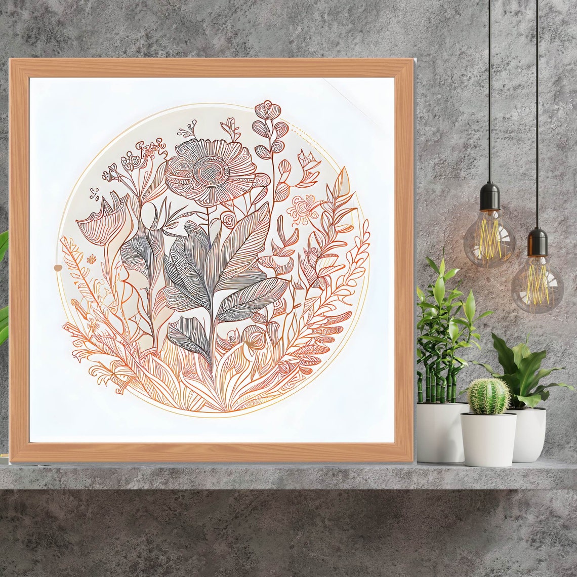Delicate Coral Pink Botanical Line Art Floral Mandala Poster