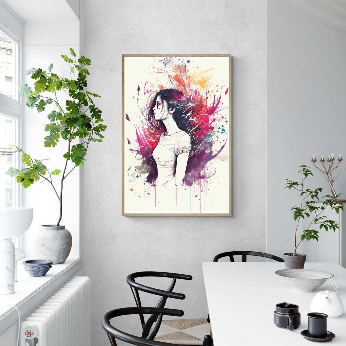 Sketch Portrait of a Woman Wrapped in Colorful Splash Art Poster - Image 3