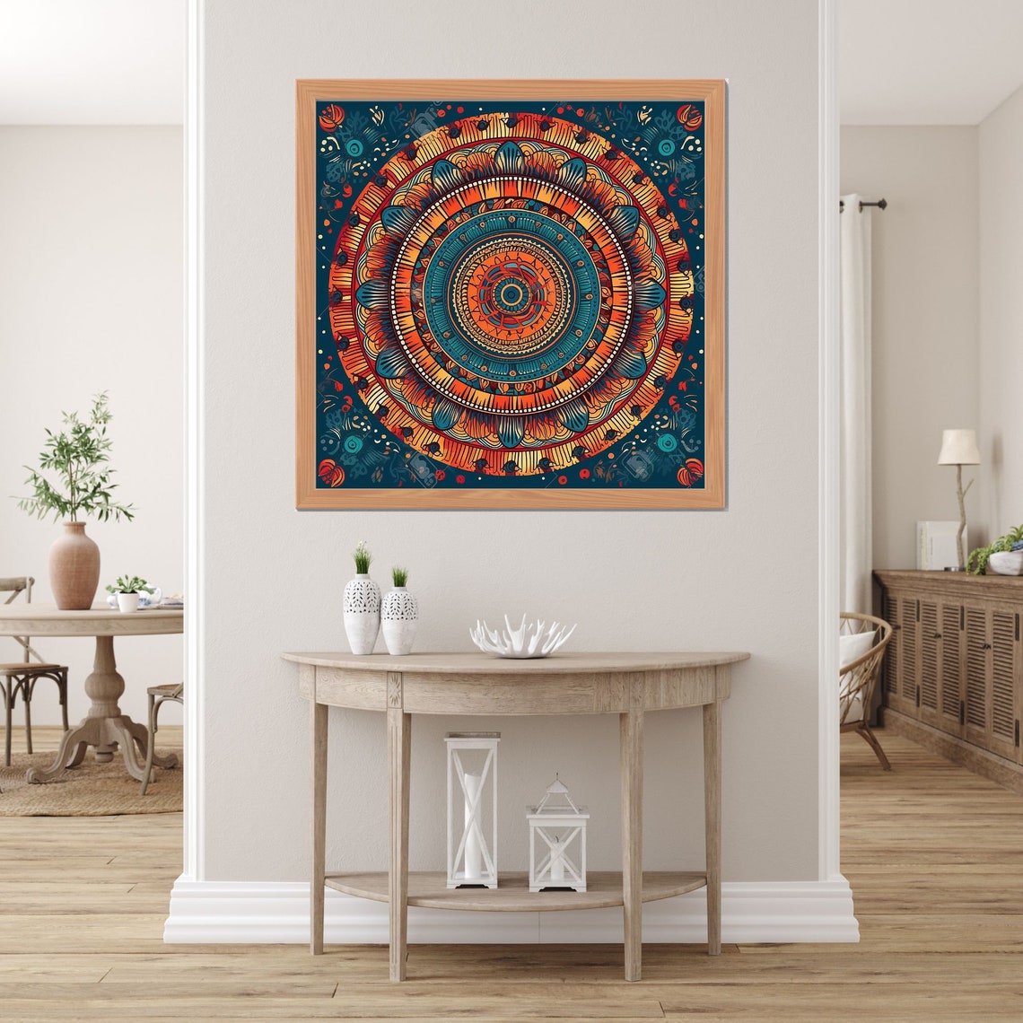 Orange and Teal Circular Mandala Bold Dark Background Poster - Image 2