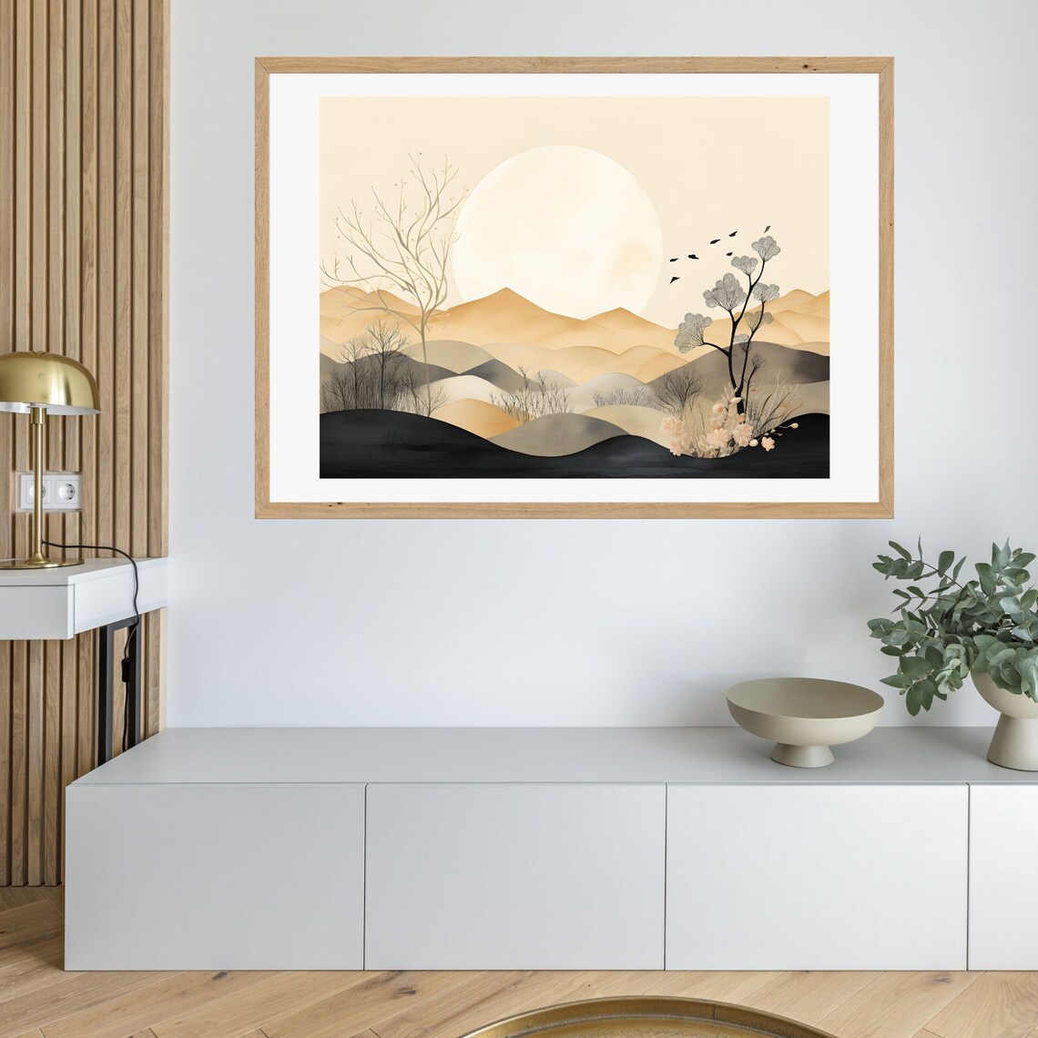 Minimalist Golden Watercolor Hills at Sunrise with Birds Poster - Image 3