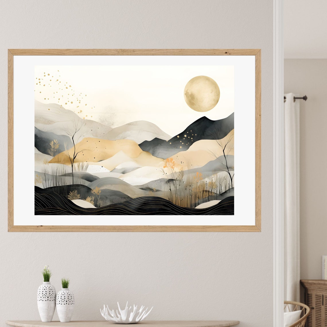 Abstract Golden Watercolor Mountain Range with a Moon Poster