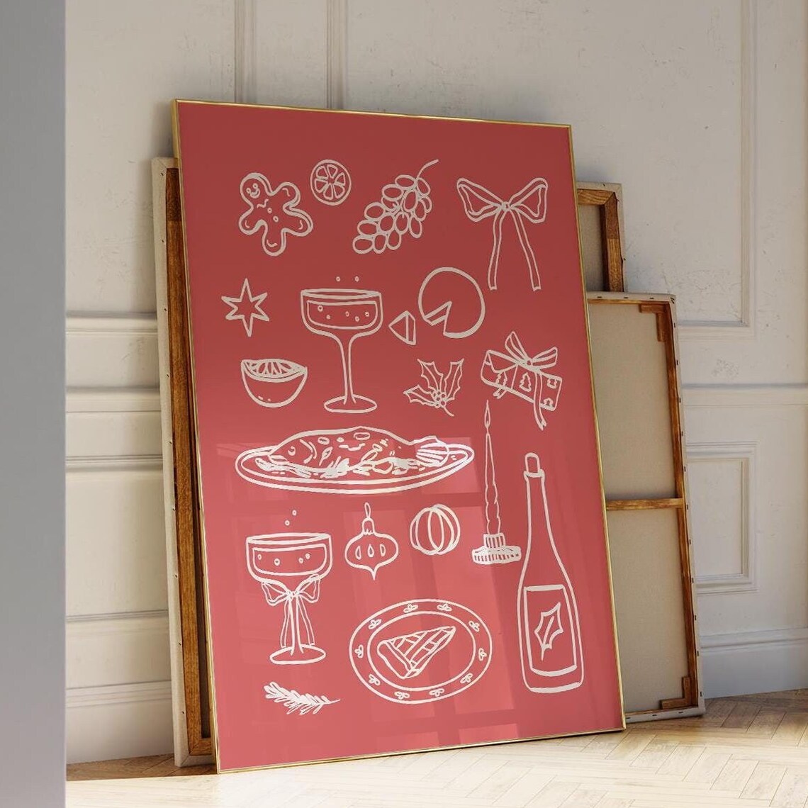Christmas Dinner Line Art Red Holiday Feast Champagne Icons Wall Poster