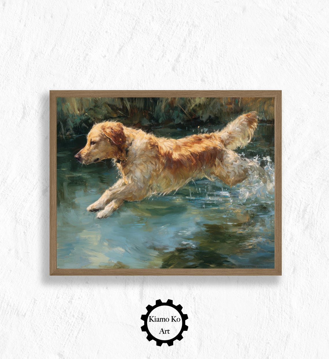 Golden Retriever Splashing Joyfully In A Forest River Wall Art
