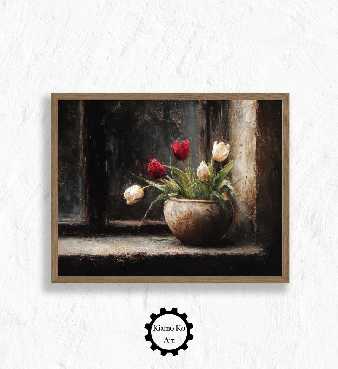 Red and White Tulips in a Rustic Pot on a Dark Windowsill Poster