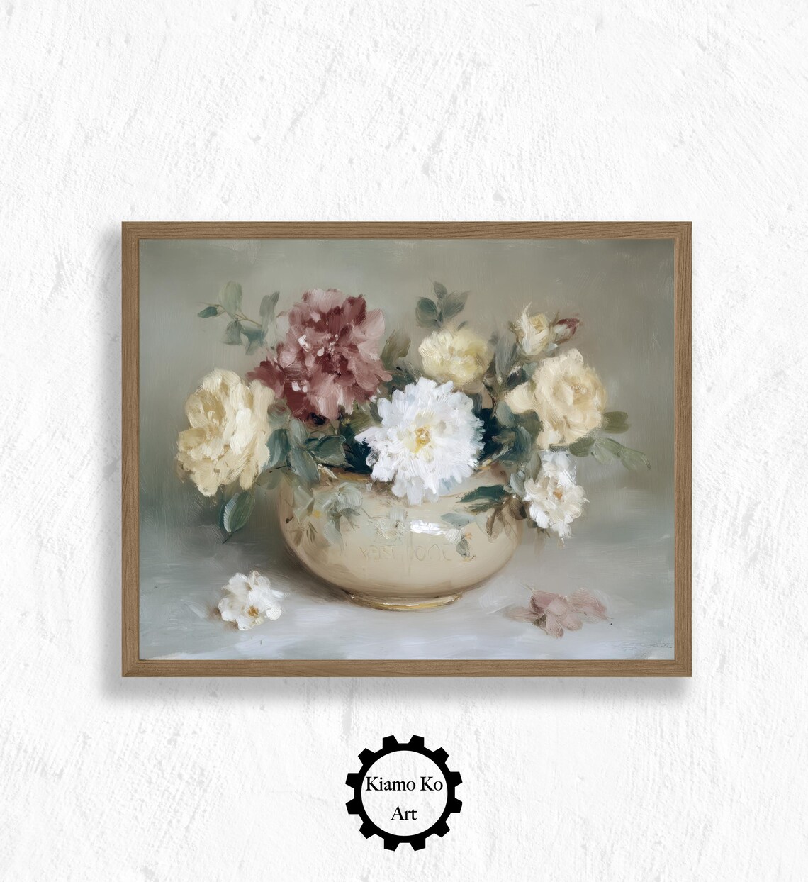 Pastel Roses in a Blush Cream Bowl Vintage Floral Still Life Poster