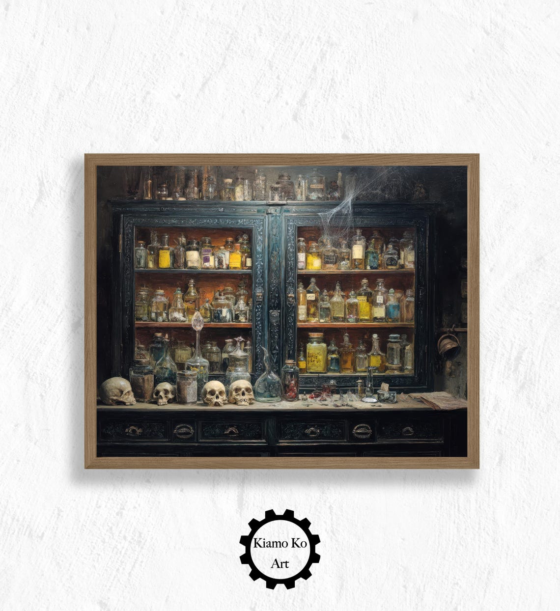 Vintage Apothecary Cabinet With Glass Bottles and Skulls Poster