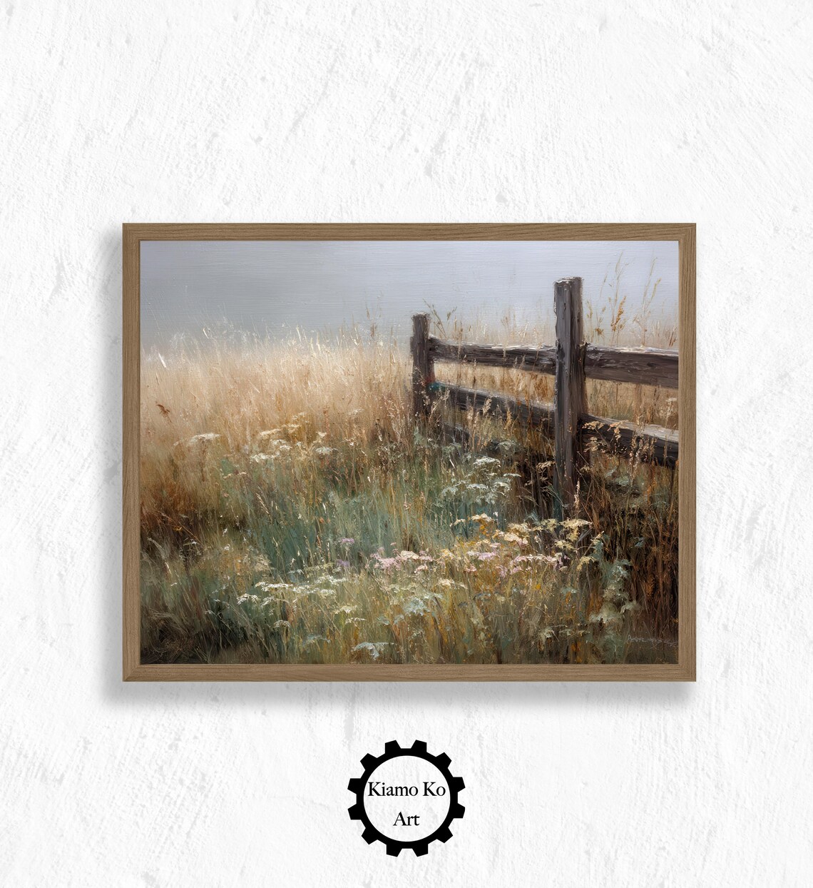 Weathered Wooden Fence in a Tall Wildflower Meadow Muted Nature Poster