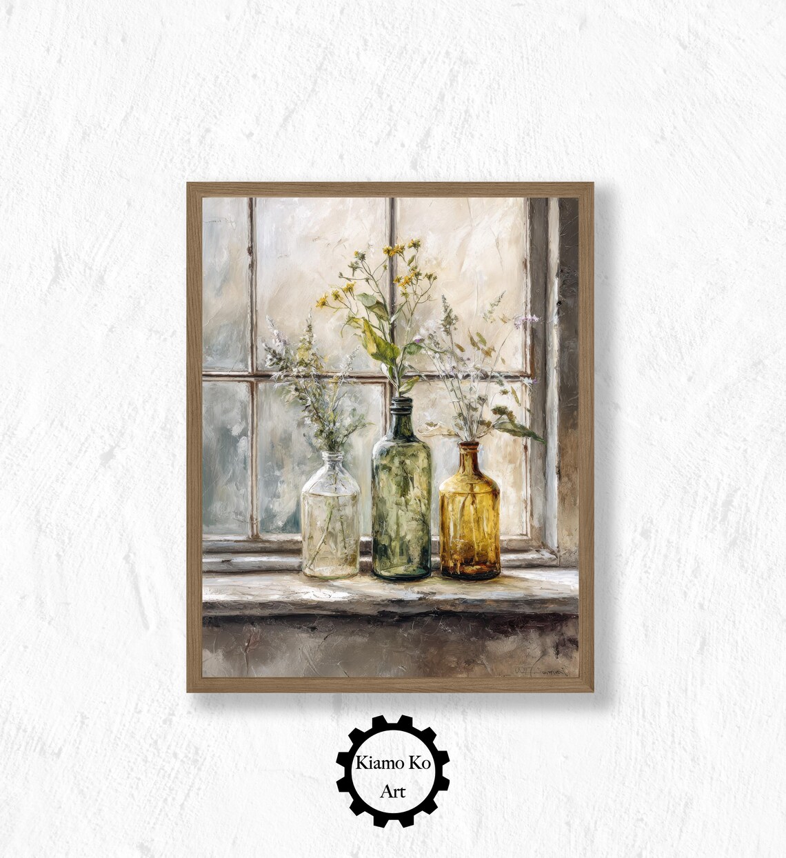 Wildflowers in Glass Bottles on a Rustic Windowsill Vintage Poster
