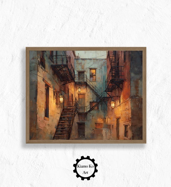 Urban Street Scene With Fire Escape Moody Industrial Art Print Wall City Decor Gift