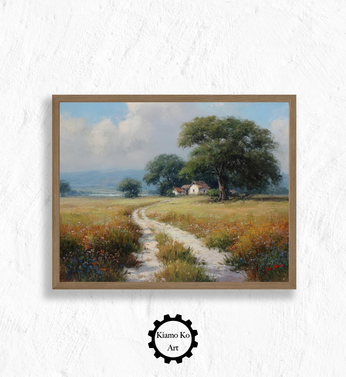 Country Road through a Wildflower Meadow to a Farmhouse Vintage Poster