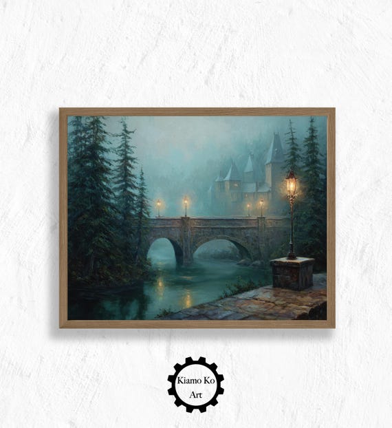 Serene Bridge Over River Art Tranquil Landscape Print Nature Decor Cozy Home Vintage Wall