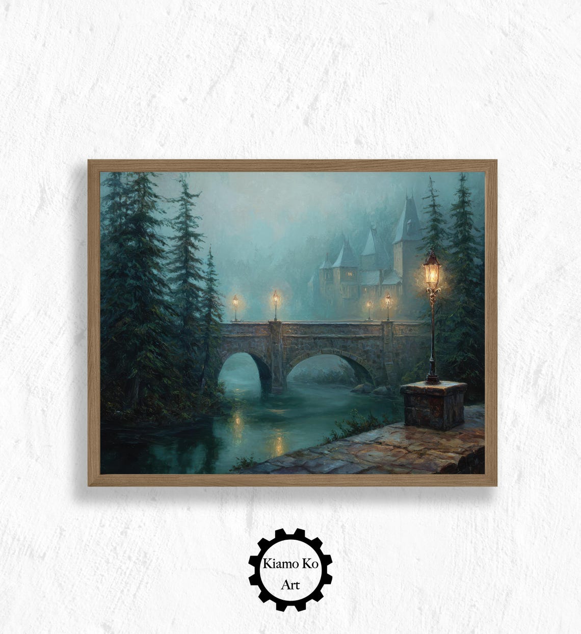 Misty Stone Bridge With Glowing Lanterns at Twilight Dusk Poster