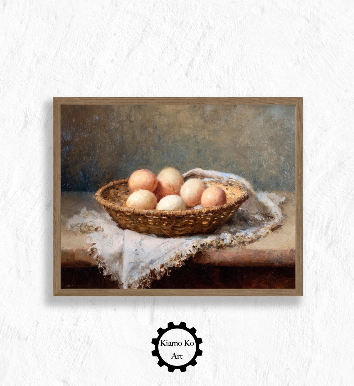 Wicker Basket of Fresh Eggs on Linen Cloth Farmhouse Art Poster