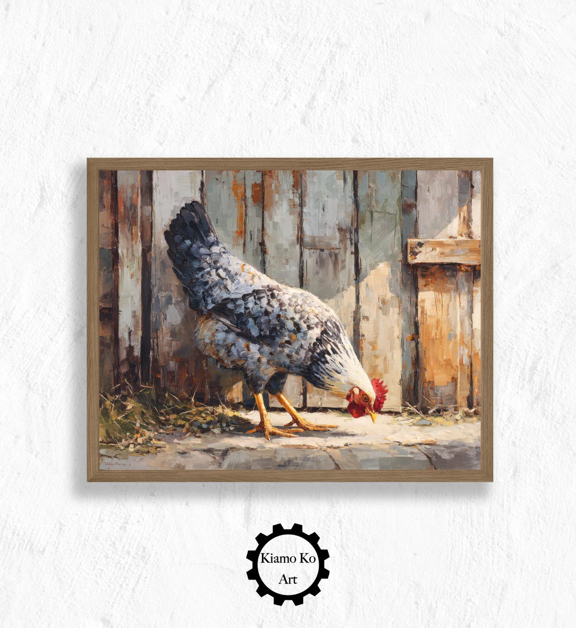 Speckled Hen and Rooster Foraging Under a Blossoming Tree Poster