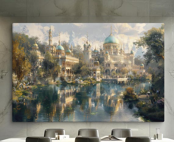 Fantasy Palace By The Lake Art Print Majestic Architectural Wall Art Decor Enchanted Kingdom Pictures For Home Ready To Hang