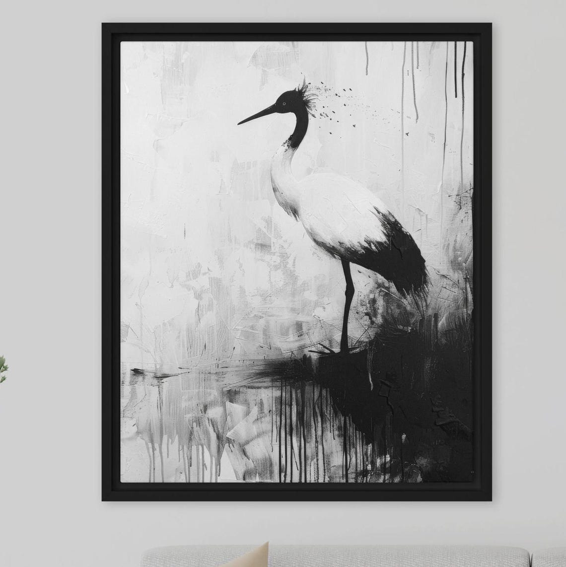 Framed Black And White Crane Abstract Bird Painting Wall Art