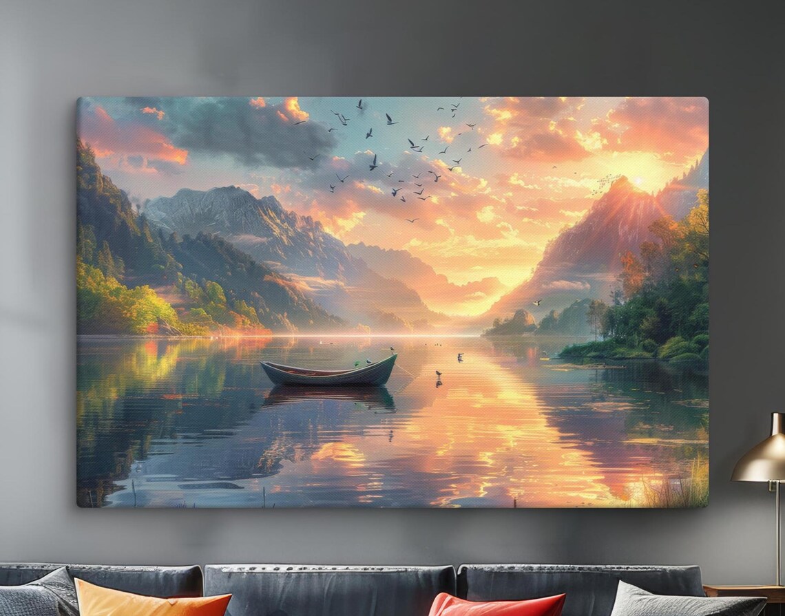 Sunset Mountain Lake Boat Birds Golden Sky Reflection Travel Poster