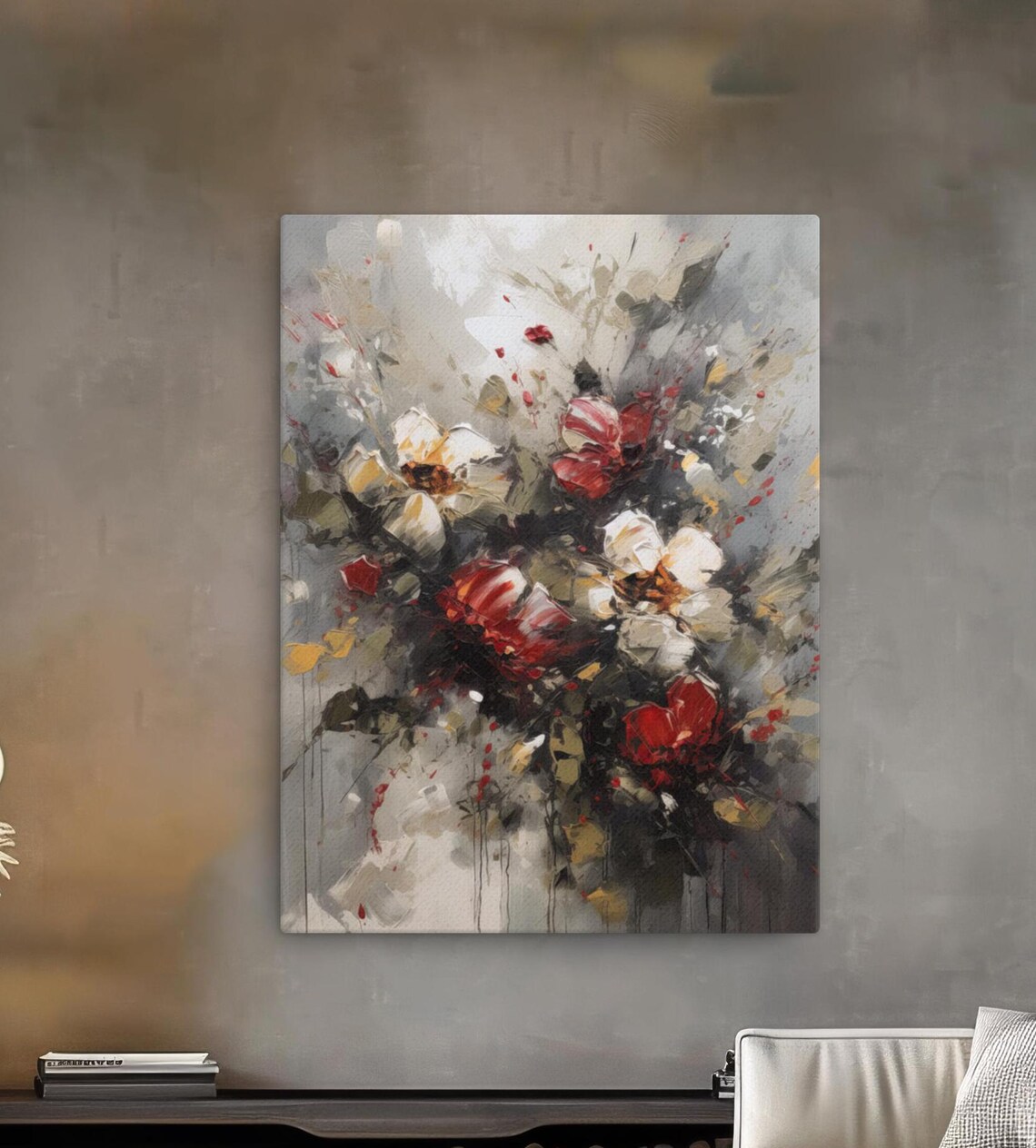 White Red Flower Bouquet Light Grey Abstract Floral Painting Wall Art