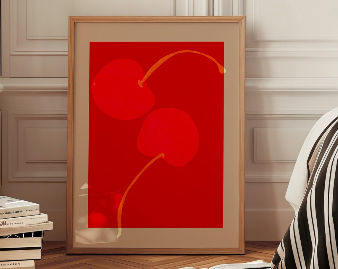 Bold Red Cherry Pair Abstract Fruit Illustration Minimal Poster
