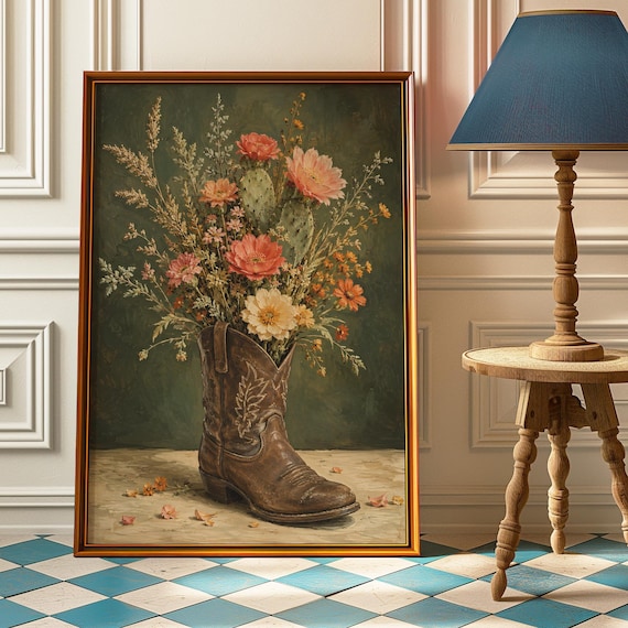 Wildflower Cowboy Boot Cactus Bouquet Moody Western Painting Poster