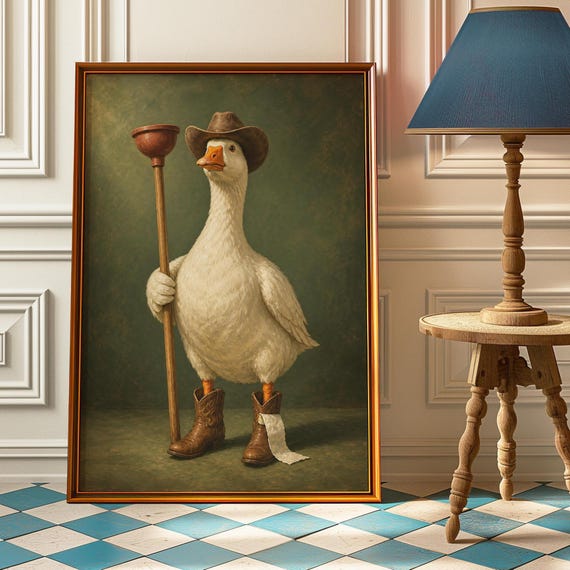 Cowboy Goose Bathroom Poster Funny Plunger Wall Art Western Duck Print Whimsical Toilet Painting Half Bath Decor Gift