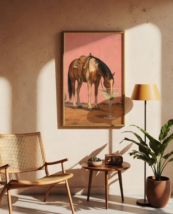 Horse Drinking Martini Poster Pink Desert Wall Art Funny Western Bar Print