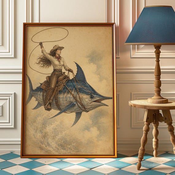 Cowgirl Riding Marlin Fish Vintage Surreal Western Fun Poster