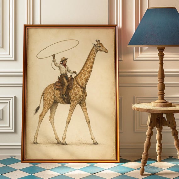 Cowboy Riding Giraffe Poster Lasso Print Vintage Western Art Safari Nursery Wall Rustic Room Decor