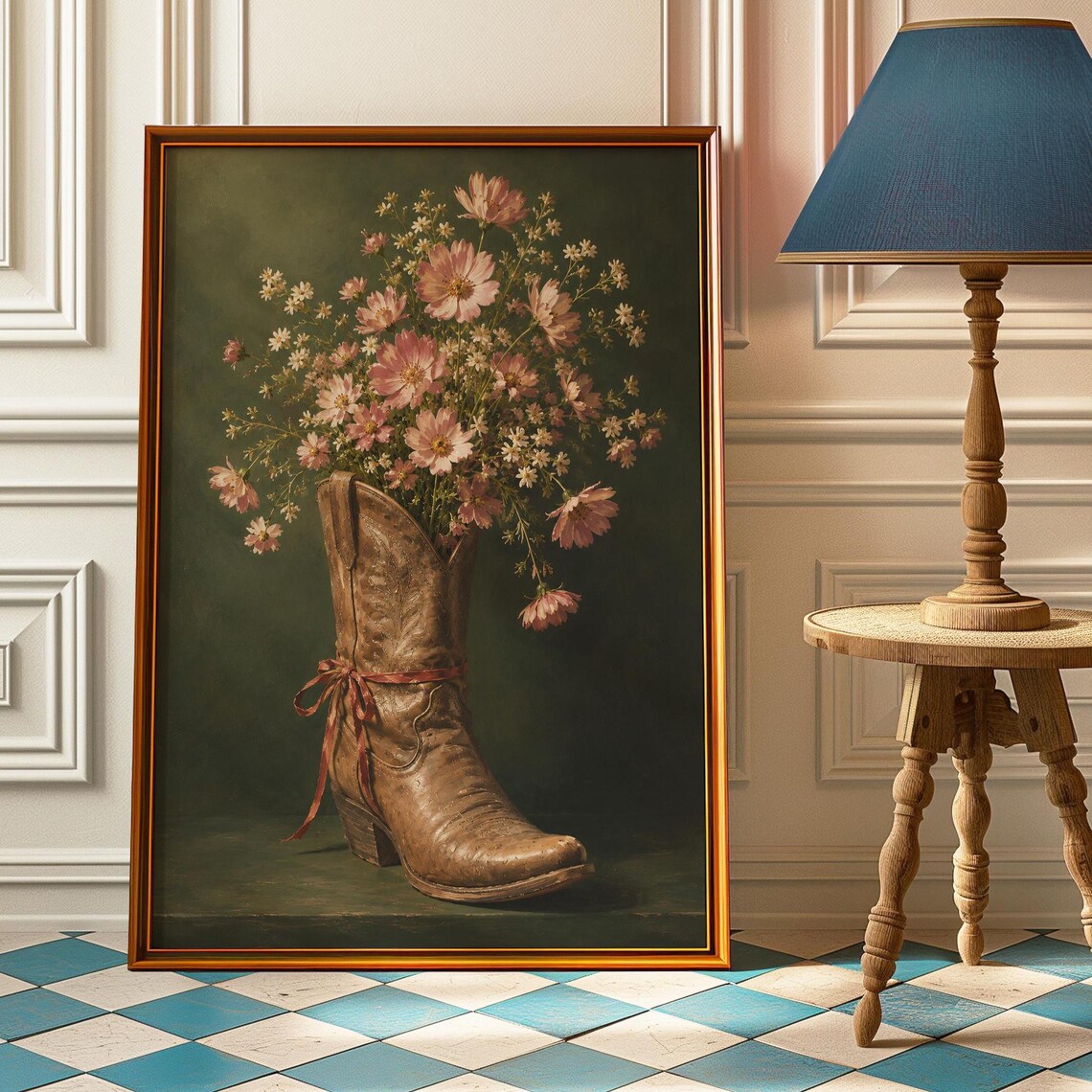 Cowboy Boot Pink Wildflower Poster, Moody Western