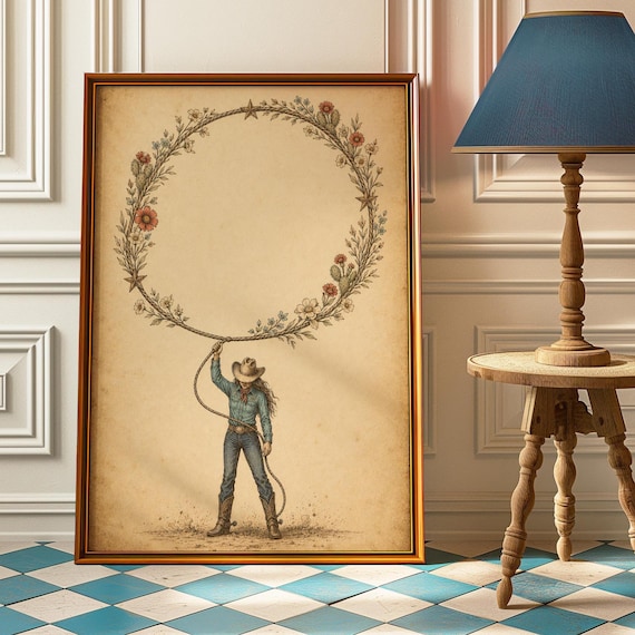 Cowgirl Wildflower Lasso Wreath Poster Western Boho Rodeo Art Decor