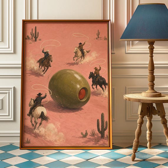 Cowboys Lasso Olive Poster Pink Desert Bar Wall Art Funny Western Print