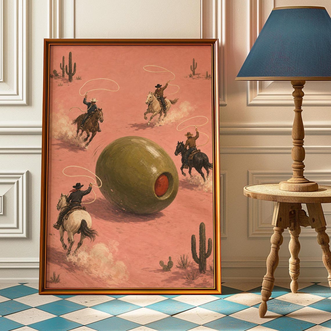 Cowboys Lassoing Giant Olive Pink Desert Western Art Sunlit Poster