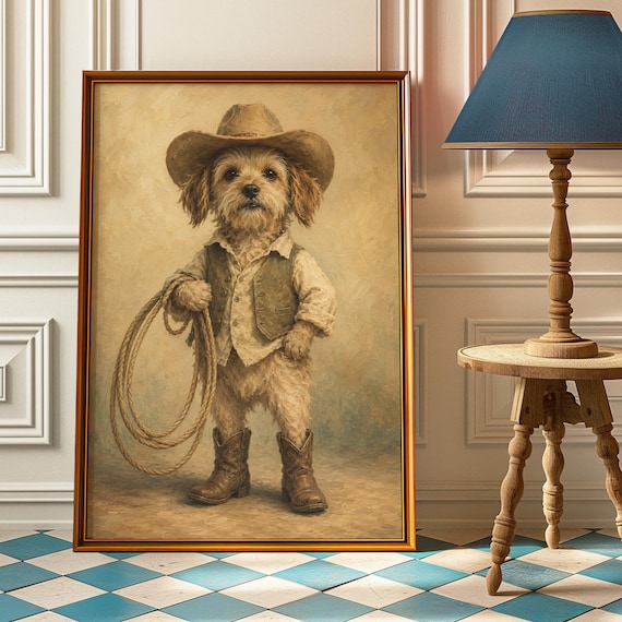 Vintage Cowboy Dog Portrait With Lasso and Boots Western Print