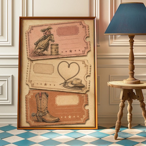 Pink Cowgirl Tickets Wall Art Vintage Western Gallery Set Barrel Racer Print Trio Coquette Decor