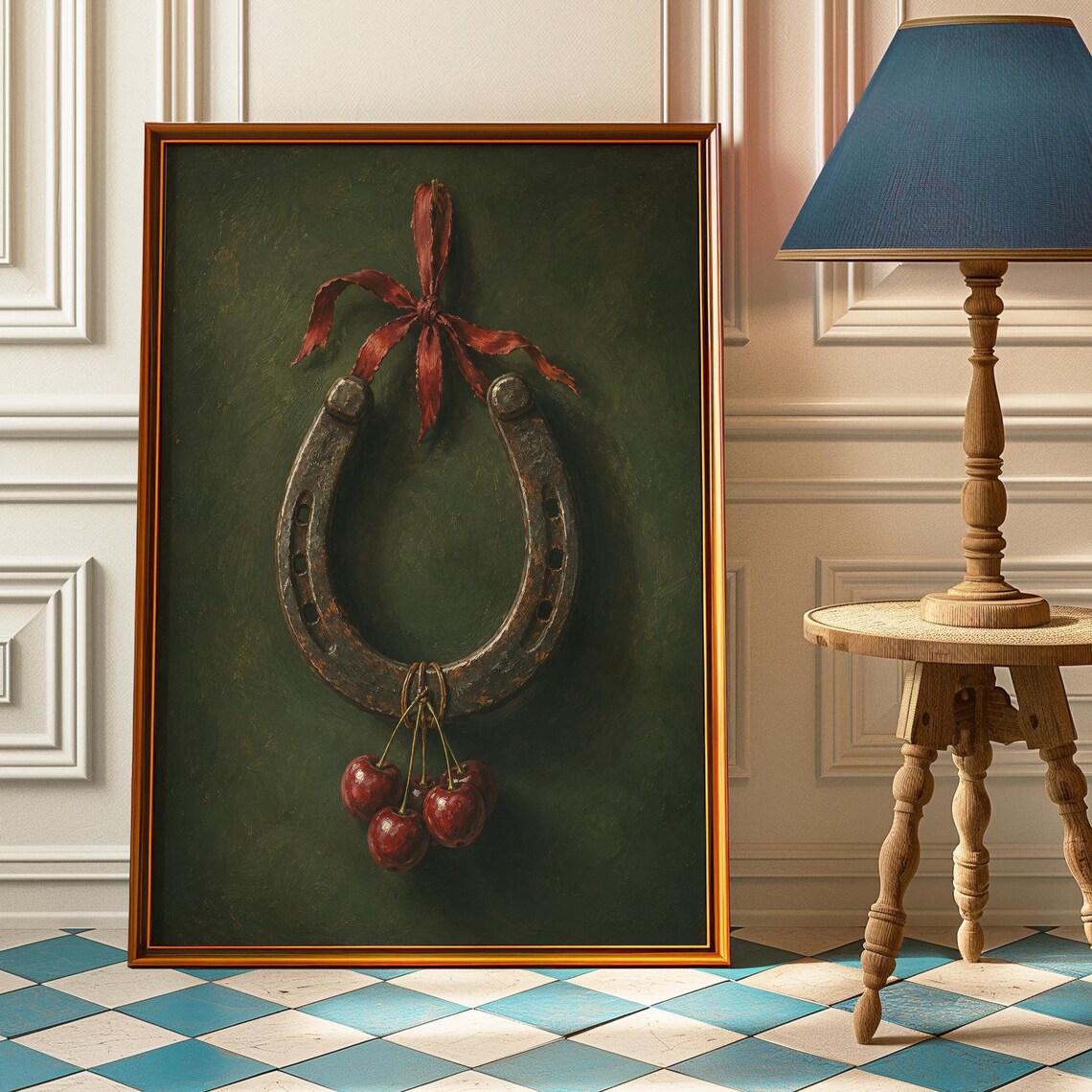 Horseshoe Cherry Ribbon Poster, Moody Kitchen Art