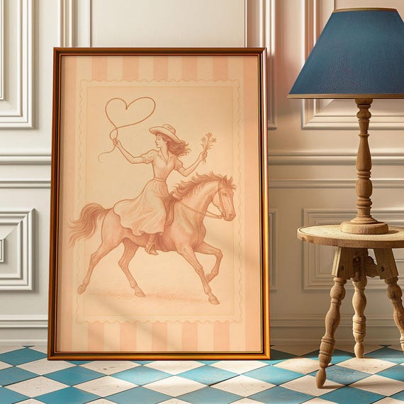 Coquette Cowgirl Wall Art Print Vintage Western Poster Feminine Horseback Riding Y2k Decor Retro Aesthetic For Nursery Or Bedroom