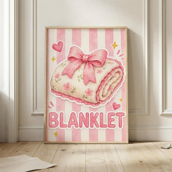 Pink Bow Blanket Nursery Poster Watercolor Coquette Girl Room Decor