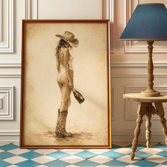 Cowgirl Champagne Poster, Vintage Western Art Print