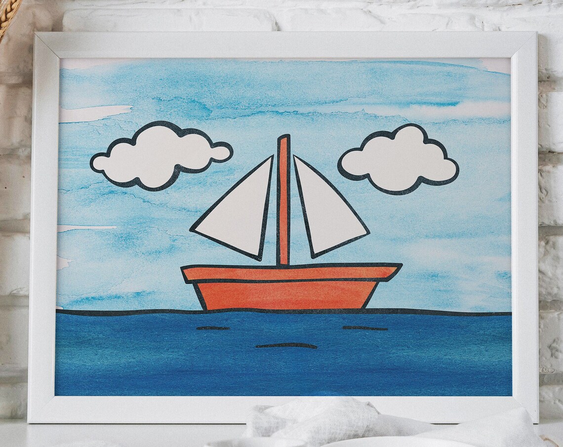 Cute Orange Cartoon Sailboat Sailing Blue Waves Kids Bathroom Poster - Image 3