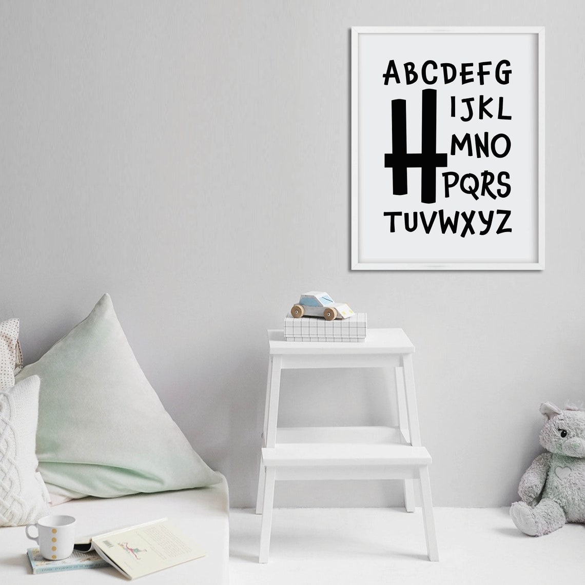 Nursery Alphabet Poster with Big Letter H Black and White Kids Art - Image 3