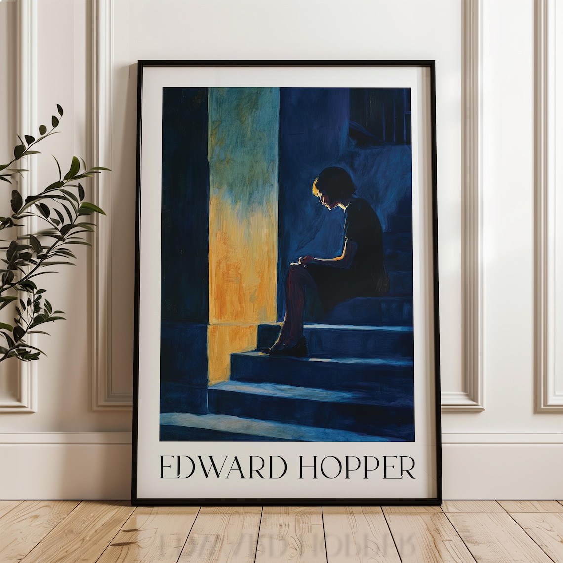 Edward Hopper Solitary Figure on Blue Stairs Night Art Poster