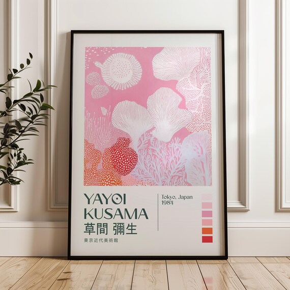 Yayoi Kusama Inspired Pink Coral Poster: 1984 Tokyo Exhibition Style Florals