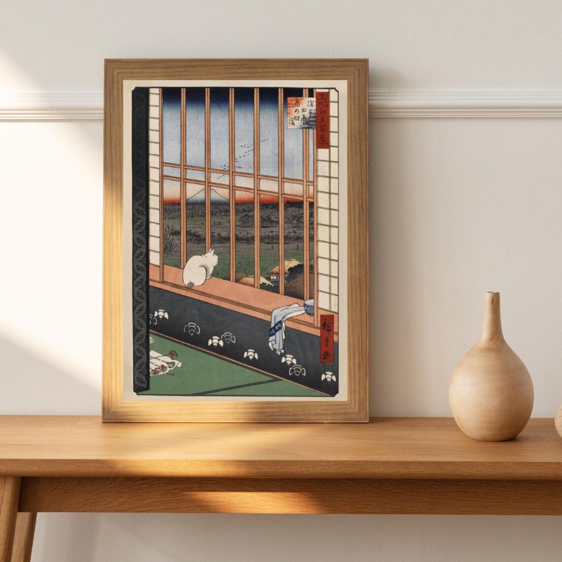 Japanese White Cat Window Mt Fuji Woodblock Style Scene Poster - Image 3