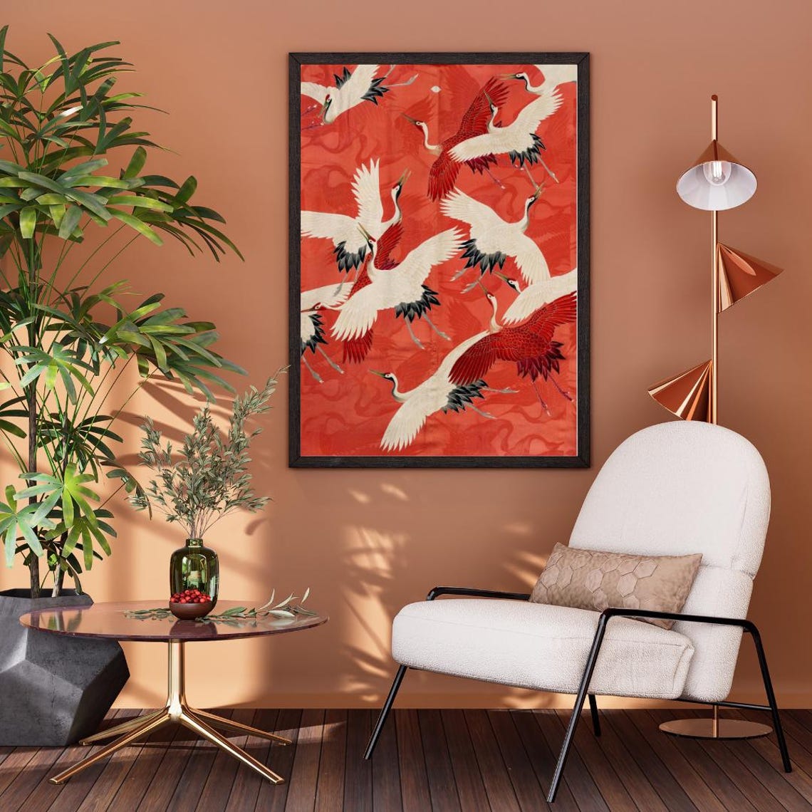 Japanese Red and White Cranes Flying on Crimson Vintage Art Poster - Image 3